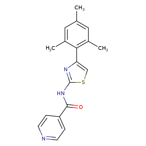 Cc1cc(C)c(c(c1)C)c1csc(n1)NC(=O)c1ccncc1