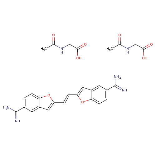 NC(=N)c1ccc2c(c1)cc(o2)/C=C/c1oc2c(c1)cc(cc2)C(=N)N.CC(=O)NCC(=O)O.CC(=O)NCC(=O)O