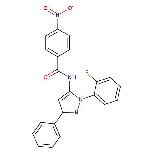 O=C(c1ccc(cc1)[N+](=O)[O-])Nc1cc(nn1c1ccccc1F)c1ccccc1