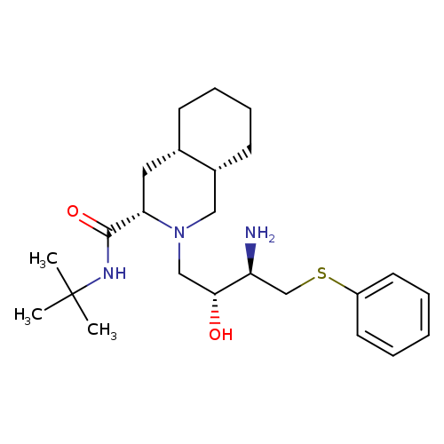 N[C@H]([C@@H](CN1C[C@H]2CCCC[C@H]2C[C@H]1C(=O)NC(C)(C)C)O)CSc1ccccc1