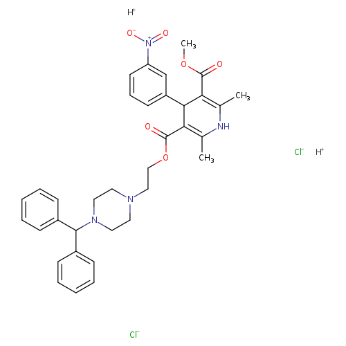 COC(=O)C1=C(C)NC(=C(C1c1cccc(c1)[N+](=O)[O-])C(=O)OCCN1CCN(CC1)C(c1ccccc1)c1ccccc1)C.[Cl-].[Cl-].[H+].[H+]