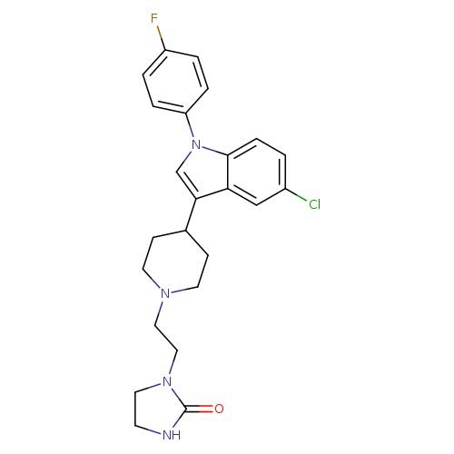 Clc1ccc2c(c1)c(cn2c1ccc(cc1)F)C1CCN(CC1)CCN1CCNC1=O