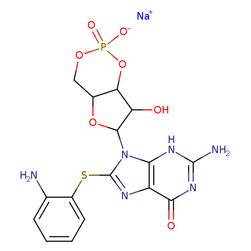 OC1C2OP(=O)([O-])OCC2OC1n1c(Sc2ccccc2N)nc2c1[nH]c(N)nc2=O.[Na+]
