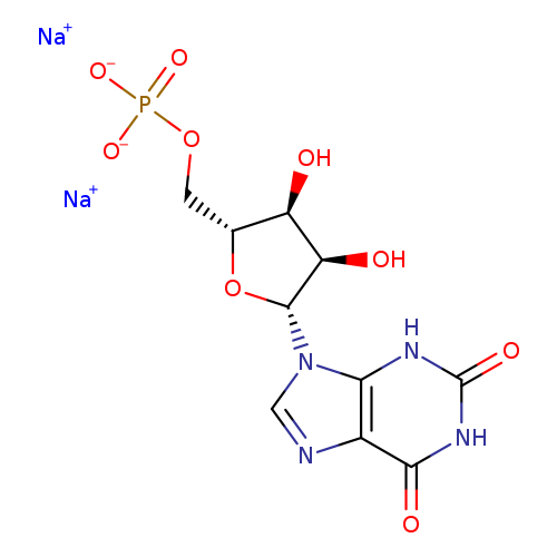 O=c1[nH]c(=O)c2c([nH]1)n(cn2)[C@@H]1O[C@@H]([C@H]([C@H]1O)O)COP(=O)([O-])[O-].[Na+].[Na+]