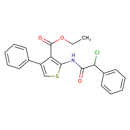 CCOC(=O)c1c(scc1c1ccccc1)NC(=O)C(c1ccccc1)Cl