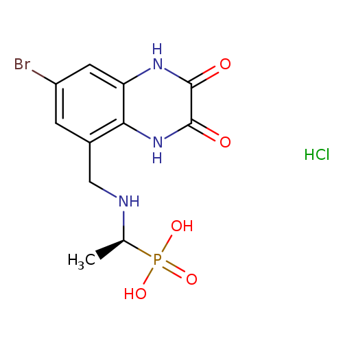 Brc1cc(CN[C@@H](P(=O)(O)O)C)c2c(c1)[nH]c(=O)c(=O)[nH]2.Cl