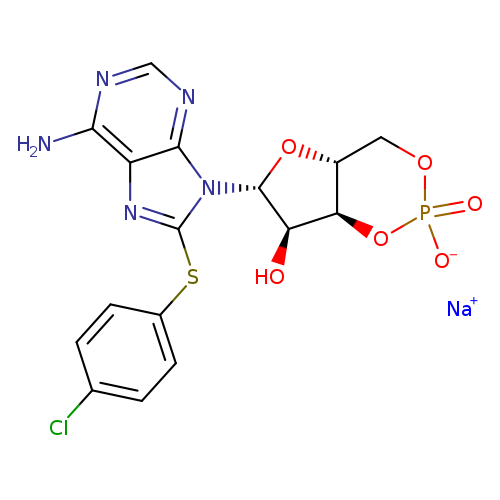 O[C@@H]1[C@@H]2OP(=O)([O-])OC[C@H]2O[C@H]1n1c(Sc2ccc(cc2)Cl)nc2c1ncnc2N.[Na+]