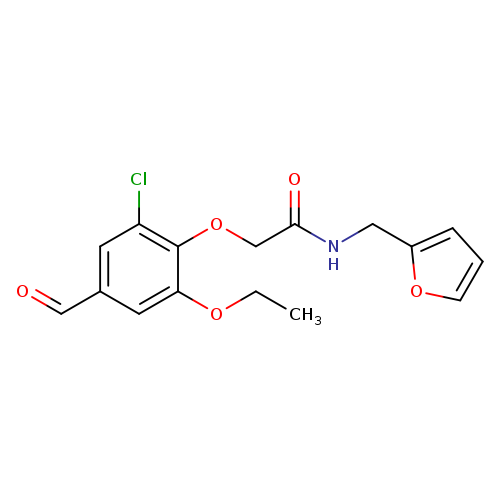 CCOc1cc(C=O)cc(c1OCC(=O)NCc1ccco1)Cl