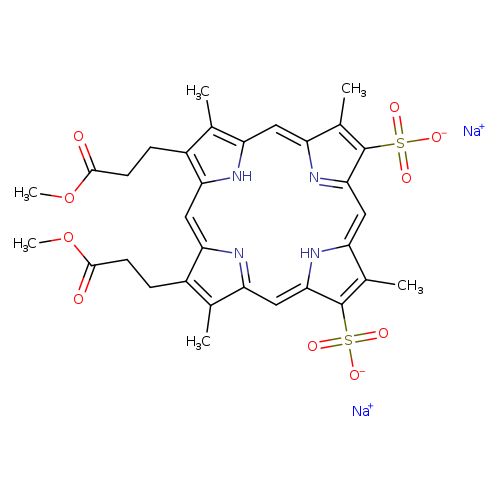 COC(=O)CCc1/c/2=C/C3=N/C(=C\c4[nH]c(/C=C/5\N=C(/C=c(/c1C)\[nH]2)C(=C5S(=O)(=O)[O-])C)c(c4S(=O)(=O)[O-])C)/C(=C3CCC(=O)OC)C.[Na+].[Na+]
