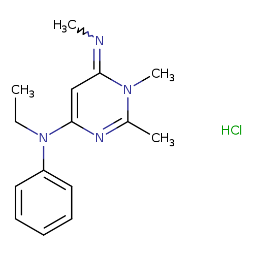 CCN(c1cc(=NC)n(c(n1)C)C)c1ccccc1.Cl