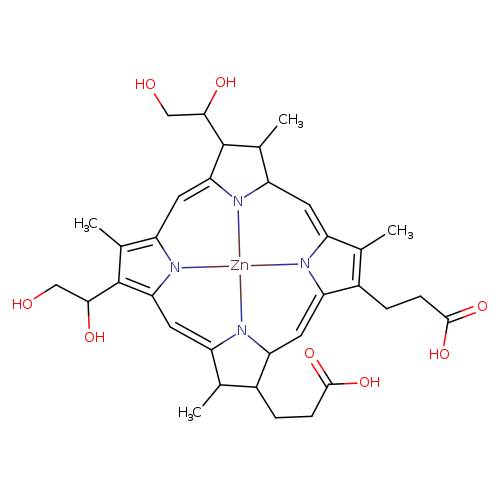 OCC(C1C(C)C2N3C1=Cc1c(C)c(c4n1[Zn]13N3C(=C4)C(C(C3C=c3n1c(=C2)c(C)c3CCC(=O)O)CCC(=O)O)C)C(CO)O)O