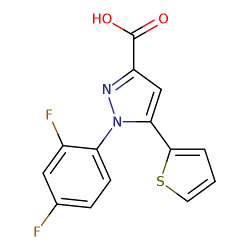 Fc1ccc(c(c1)F)n1nc(cc1c1cccs1)C(=O)O