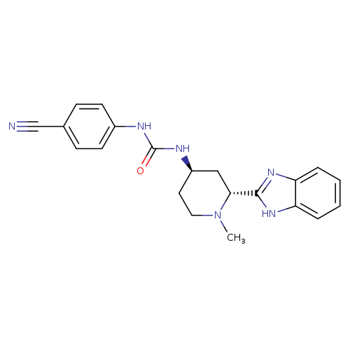N#Cc1ccc(cc1)NC(=O)N[C@@H]1CCN([C@H](C1)c1nc2c([nH]1)cccc2)C