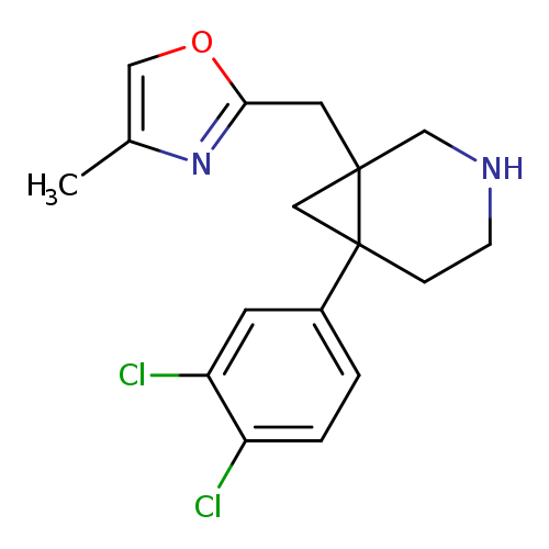 Cc1coc(n1)CC12CNCCC2(C1)c1ccc(c(c1)Cl)Cl