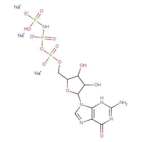 OC1C(COP(=O)(OP(=O)(NP(=O)(O)[O-])[O-])[O-])OC(C1O)n1cnc2c1[nH]c(N)nc2=O.[Na+].[Na+].[Na+]
