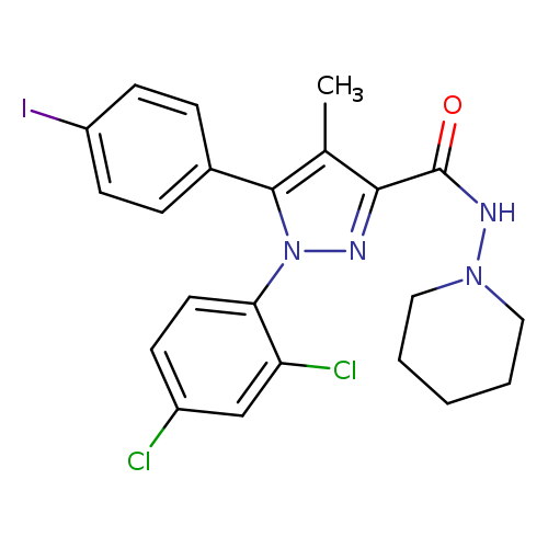 Ic1ccc(cc1)c1c(C)c(nn1c1ccc(cc1Cl)Cl)C(=O)NN1CCCCC1