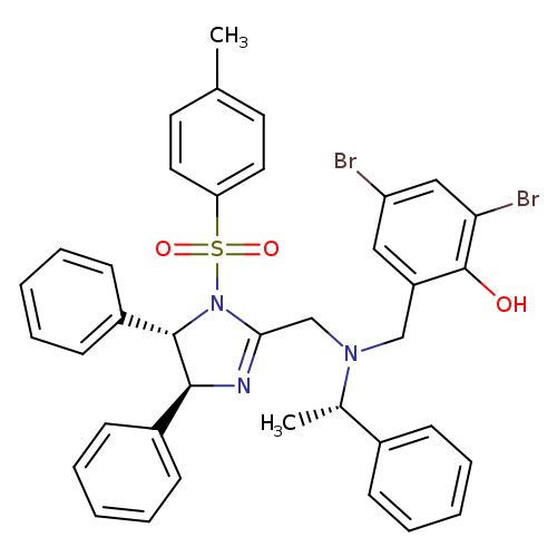 Cc1ccc(cc1)S(=O)(=O)N1C(=N[C@H]([C@@H]1c1ccccc1)c1ccccc1)CN([C@H](c1ccccc1)C)Cc1cc(Br)cc(c1O)Br