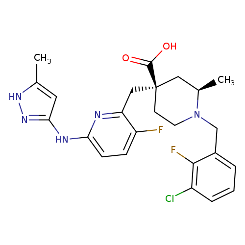 C[C@@H]1C[C@](CCN1Cc1cccc(c1F)Cl)(Cc1nc(ccc1F)Nc1n[nH]c(c1)C)C(=O)O