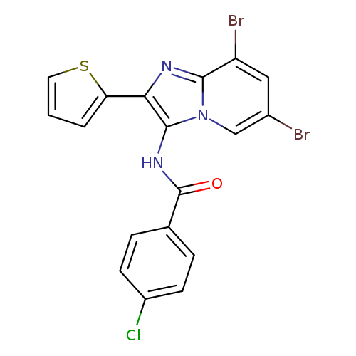 Clc1ccc(cc1)C(=O)Nc1c(nc2n1cc(Br)cc2Br)c1cccs1