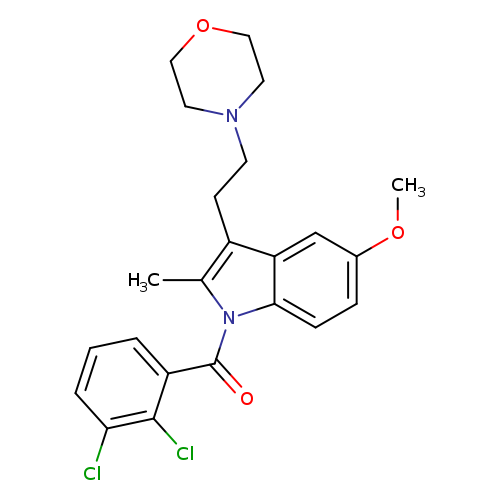 COc1ccc2c(c1)c(CCN1CCOCC1)c(n2C(=O)c1cccc(c1Cl)Cl)C