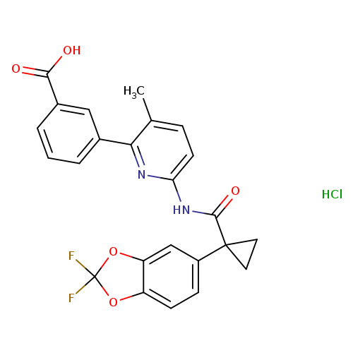 O=C(C1(CC1)c1ccc2c(c1)OC(O2)(F)F)Nc1ccc(c(n1)c1cccc(c1)C(=O)O)C.Cl