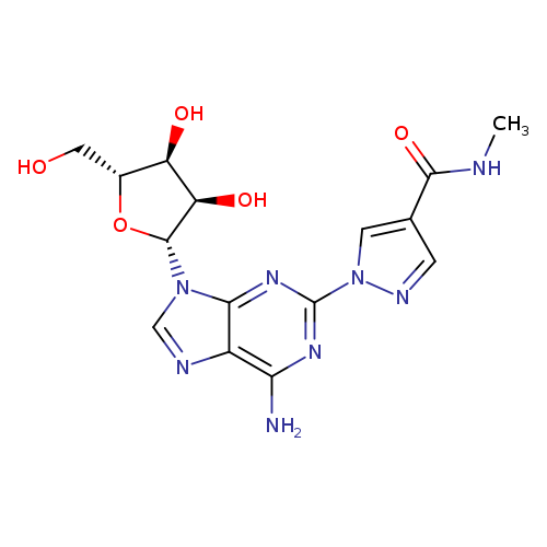 OC[C@H]1O[C@H]([C@@H]([C@@H]1O)O)n1cnc2c1nc(nc2N)n1ncc(c1)C(=O)NC