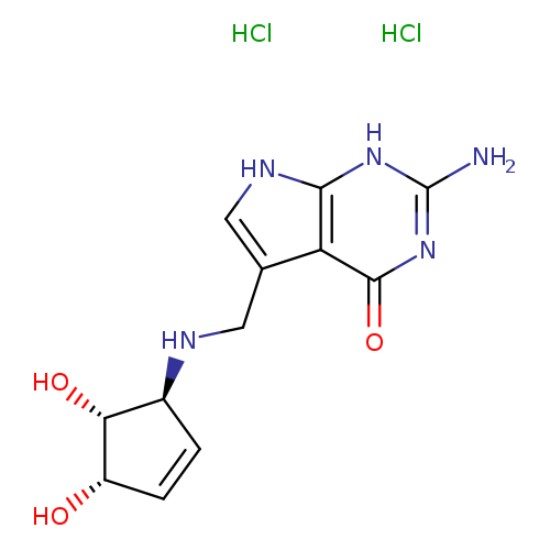 O[C@H]1C=C[C@@H]([C@H]1O)NCc1c[nH]c2c1c(=O)nc([nH]2)N.Cl.Cl
