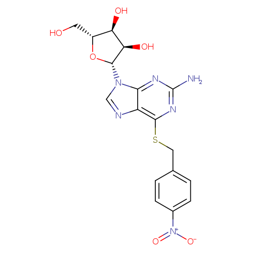 OC[C@H]1O[C@H]([C@@H]([C@@H]1O)O)n1cnc2c1nc(N)nc2SCc1ccc(cc1)[N+](=O)[O-]