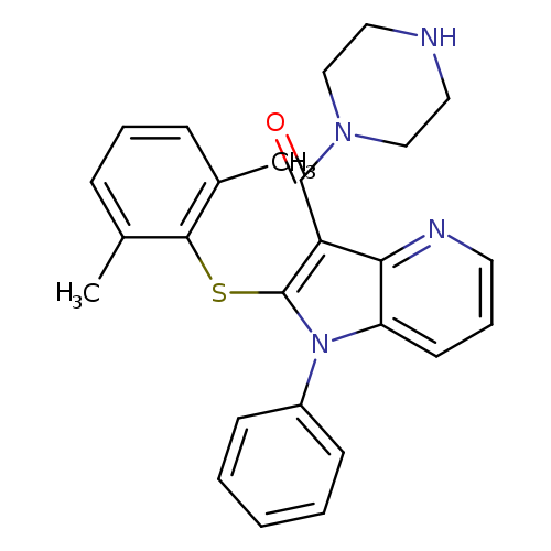 Cc1cccc(c1Sc1n(c2ccccc2)c2c(c1C(=O)N1CCNCC1)nccc2)C