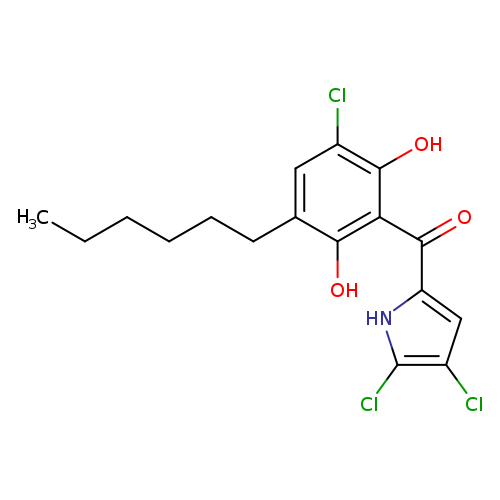 CCCCCCc1cc(Cl)c(c(c1O)C(=O)c1[nH]c(c(c1)Cl)Cl)O