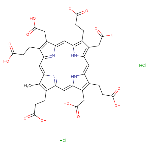 OC(=O)CCC1=C(C)C2=NC1=Cc1[nH]c(c(c1CC(=O)O)CCC(=O)O)C=c1[nH]c(=CC3=NC(=C2)C(=C3CC(=O)O)CCC(=O)O)c(c1CC(=O)O)CCC(=O)O.Cl.Cl
