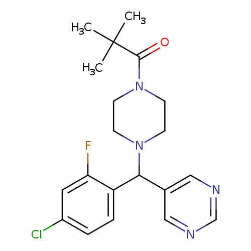 Clc1ccc(c(c1)F)C(c1cncnc1)N1CCN(CC1)C(=O)C(C)(C)C