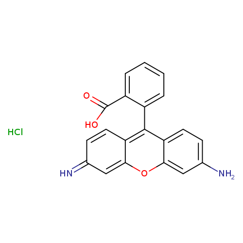 Nc1ccc2c(c1)oc1c(c2c2ccccc2C(=O)O)ccc(=N)c1.Cl