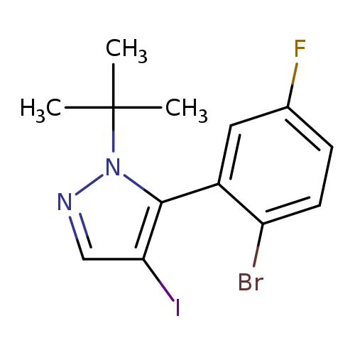 Fc1ccc(c(c1)c1c(I)cnn1C(C)(C)C)Br