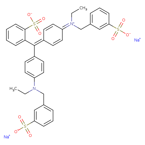 CC[N+](=C1C=CC(=C(c2ccccc2S(=O)(=O)[O-])c2ccc(cc2)N(Cc2cccc(c2)S(=O)(=O)[O-])CC)C=C1)Cc1cccc(c1)S(=O)(=O)[O-].[Na+].[Na+]