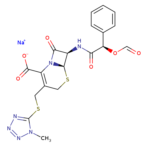 O=CO[C@@H](C(=O)N[C@@H]1C(=O)N2[C@@H]1SCC(=C2C(=O)[O-])CSc1nnnn1C)c1ccccc1.[Na+]