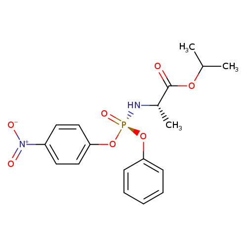 CC(OC(=O)[C@@H](N[P@](=O)(Oc1ccccc1)Oc1ccc(cc1)[N+](=O)[O-])C)C