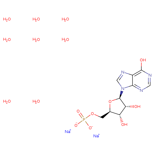 O[C@@H]1[C@H](O)[C@H](O[C@H]1n1cnc2c1ncnc2O)COP(=O)([O-])[O-].O.O.O.O.O.O.O.O.[Na+].[Na+]