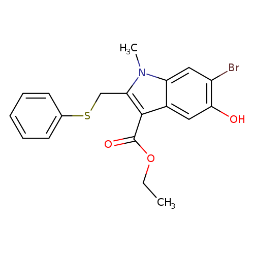 CCOC(=O)c1c2cc(O)c(cc2n(c1CSc1ccccc1)C)Br