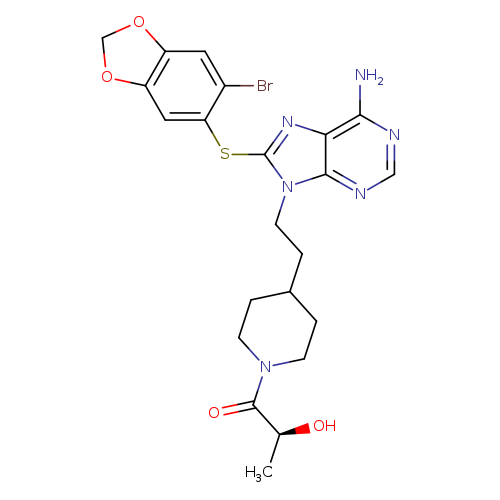 O=C(N1CCC(CC1)CCn1c(Sc2cc3OCOc3cc2Br)nc2c1ncnc2N)[C@@H](O)C
