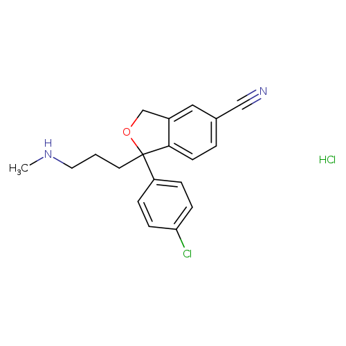CNCCCC1(OCc2c1ccc(c2)C#N)c1ccc(cc1)Cl.Cl