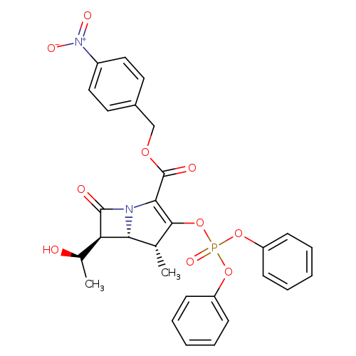 C[C@H]([C@H]1C(=O)N2[C@@H]1[C@@H](C)C(=C2C(=O)OCc1ccc(cc1)[N+](=O)[O-])OP(=O)(Oc1ccccc1)Oc1ccccc1)O