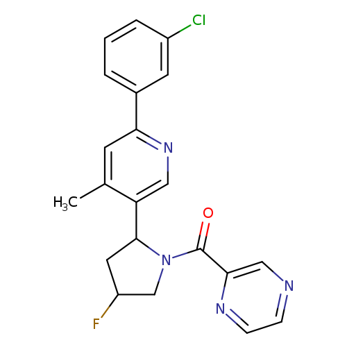 FC1CN(C(C1)c1cnc(cc1C)c1cccc(c1)Cl)C(=O)c1cnccn1