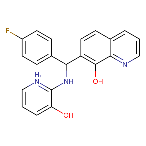 Fc1ccc(cc1)C(c1ccc2c(c1O)nccc2)Nc1[nH+]cccc1O