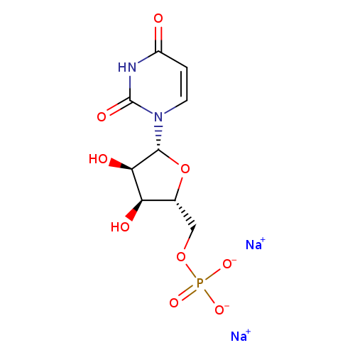 O[C@@H]1[C@H](O)[C@H](O[C@H]1n1ccc(=O)[nH]c1=O)COP(=O)([O-])[O-].[Na+].[Na+]