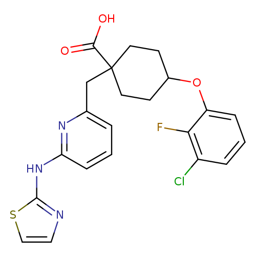 OC(=O)C1(CCC(CC1)Oc1cccc(c1F)Cl)Cc1cccc(n1)Nc1nccs1