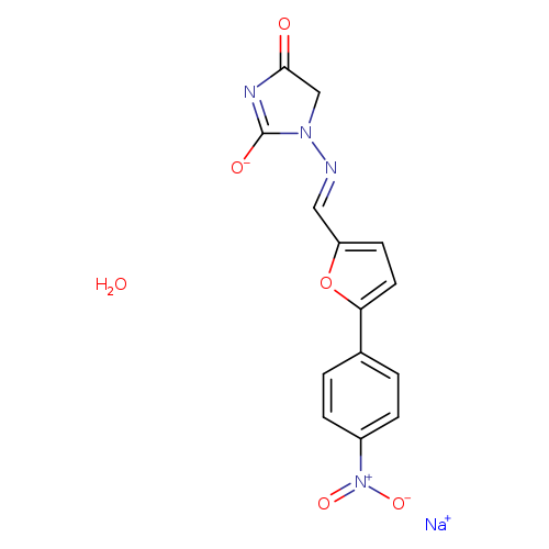 O=C1CN(C(=N1)[O-])/N=C/c1ccc(o1)c1ccc(cc1)[N+](=O)[O-].O.[Na+]