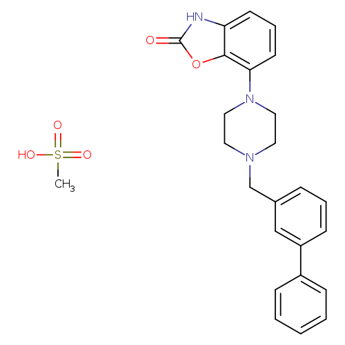 CS(=O)(=O)O.O=c1[nH]c2c(o1)c(ccc2)N1CCN(CC1)Cc1cccc(c1)c1ccccc1