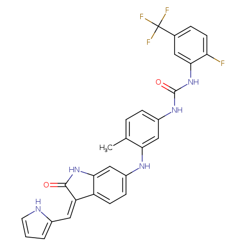 O=C(Nc1cc(ccc1F)C(F)(F)F)Nc1ccc(c(c1)Nc1ccc2c(c1)NC(=O)/C/2=C\c1ccc[nH]1)C