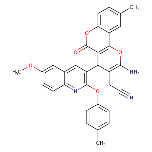 N#CCC1=C(N)Oc2c(C1c1cc3cc(OC)ccc3nc1Oc1ccc(cc1)C)c(=O)oc1c2cc(C)cc1